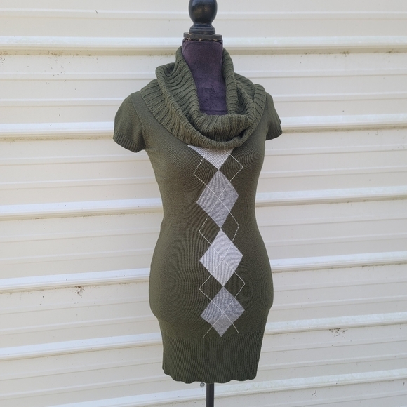 Sweater Project women's Argyle Knit Cowl Neck Fitted Sweater Dress Green Sz S - Picture 9 of 9